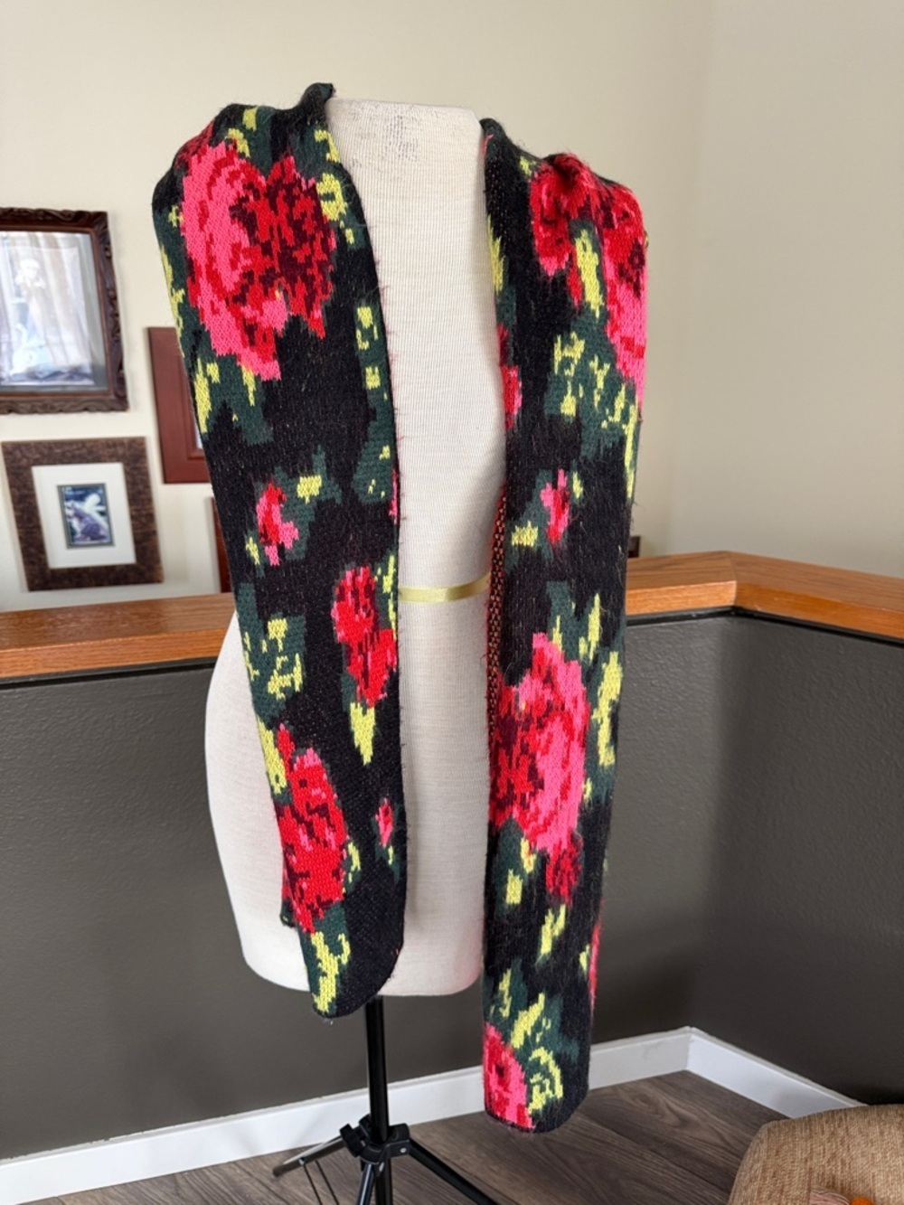 Betsey Johnson Black Knit scarf with Red and Pink Floral Print NWT